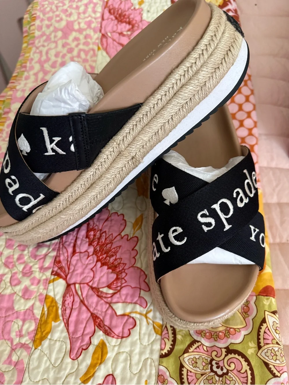 kate spade Black Logo Crisscross Sandals with Tan Footbed